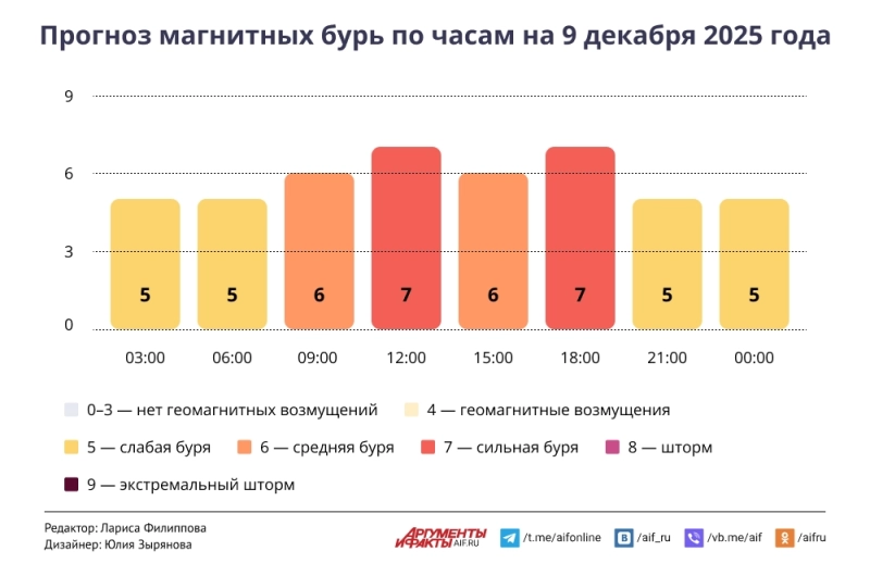 Прогноз магнитных бурь по часам на 9 декабря 2025 года. Инфографика