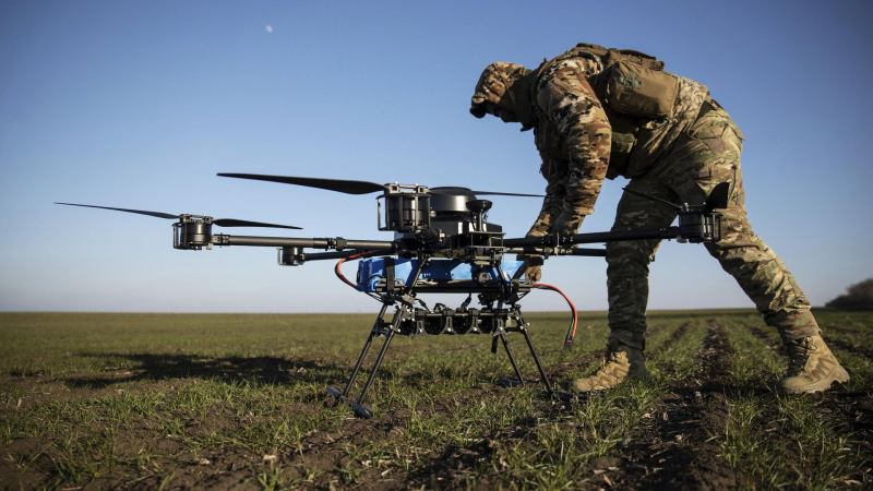 Украинский военнослужащий готовится к запуску ударного беспилотника
